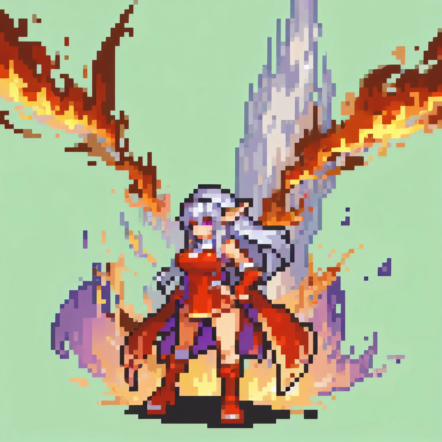 (masterpiece high quality), (solo), (tanned elf girl), (huge tits), (long silver hair), (purple eyes), (red mage outfit), (fire emblem sprite)