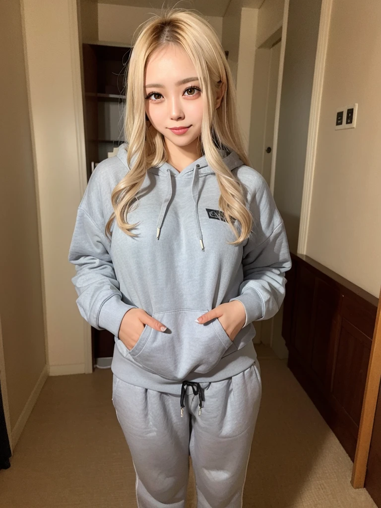 (Raw photo,realisitic, Photorealsitic: 1.4, masterpiece, best quality), 8K, 1 Beautiful Japanese gal, solo, 20years old, Charming Smile, Pretty Medium breasts, Beautiful detailed round eyes, Drooping Eyes1.4, Long blonde hair, wavy hair, (Highly Detailed Face and Skin Texture), dark skin, ndge, wearing a oversized gray hoodie, gray sweat pants, her room, day, sunny day, full body, random charming posing, (looking at viewer:1.4)