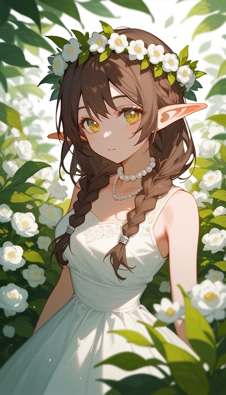(Fraction_9,Fraction_8_Direction_7_up),(1 woman),(Sexy),Elf,Yellow eyes,Brown hair,Braids,,背后Elf透明炫彩翅膀,Pointed ears,Pearl jewelry on neck,Green clothes,White Dress,White flowers,Colorful wreath on head,The skirt is made of leaves,