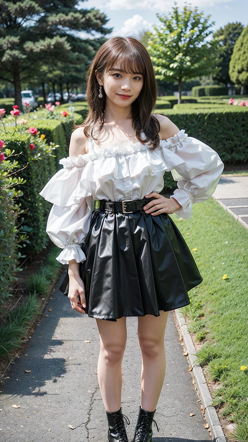 (8K、RAW Photos、Highest quality、masterpiece:1.2)、(Highest quality、Realistic)、1 Girl、((Frills、See-through、Off the shoulder、Idol Costume、tights、pink and black mini skirt、Thin legs、whole body、boots、garden、View from the front、Looking into the camera、belt、Stand with hands on hips))、cute