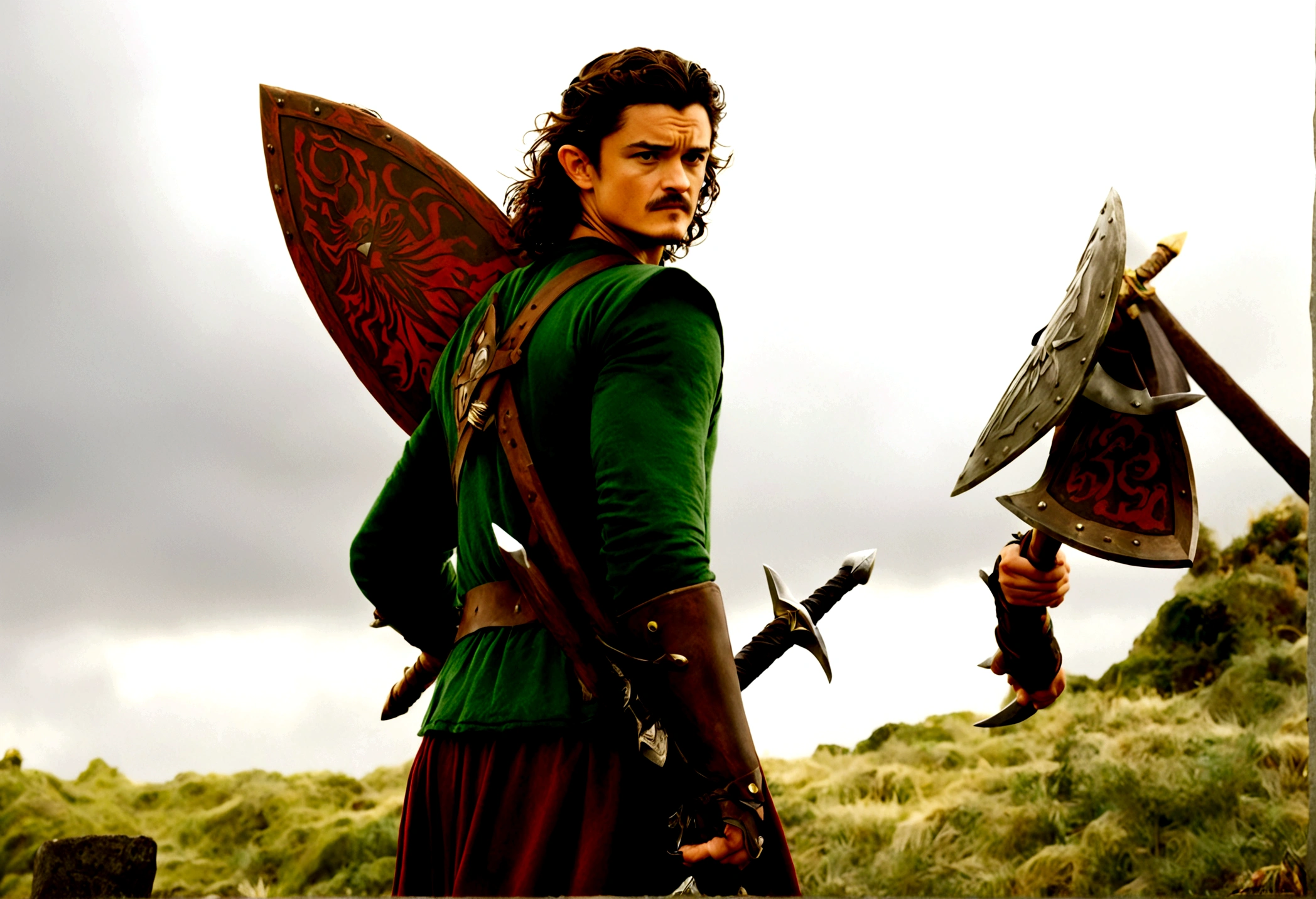 Orlando Bloom (2008, Link Costume, wooden sword, shield on back) heroic pose, monster in distance
