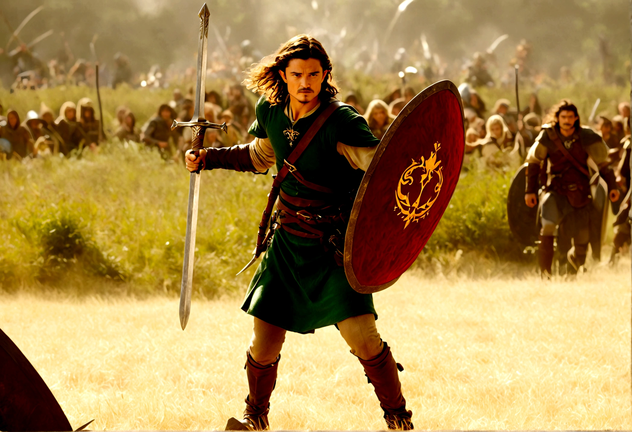 Orlando Bloom (2008, Link Costume, wooden sword, shield on back) heroic pose, monster in distance