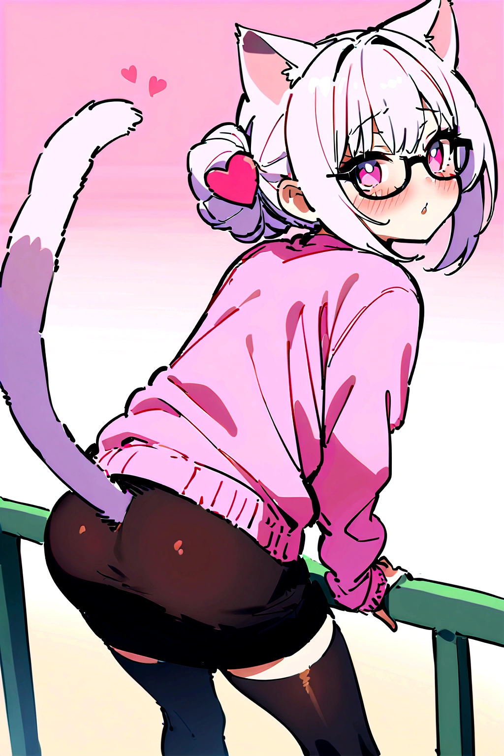 I have white pink hair, cat ears, a bun, my face is super blushing, black glasses, pink heart eyes, a big pink sweatshirt, a black skirt, black stockings, white shoes, a cat's tail, a girl. very shy I am on a fence with my back showing my butt
