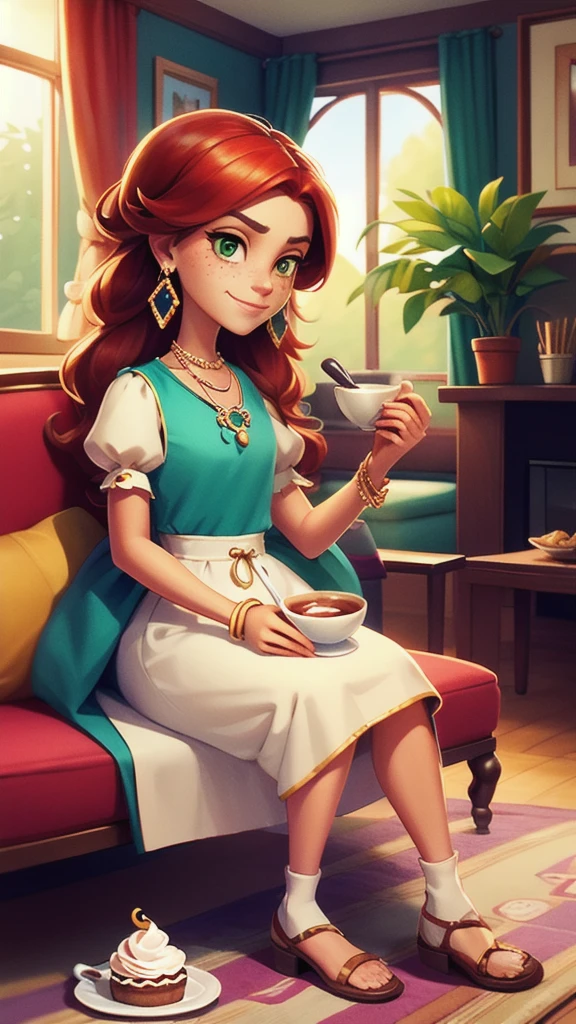 Concept Art,character illustration of a,European and American cartoons,（whole body：1.5），Mid-Long View，carpet，（Puppy lying on the floor），shoe，一个20岁的金发女生悠闲的sit在living room，Holding a cup of coffee，A laid-back expression，Relax，Leisure，European and American cartoons，1 Girl,freckle,Solitary,Jewelry,Green Eyes,Weaving,earrings,twin Weavings,necklace,Looking at the audience,Red hair,plant,Puff sleeves,bracelet,Smile,Long hair,puffy short sleeve,Necklace,dress，flower，Coffee cup，Gloves，earrings，Jewelry，肘部Gloves，cup，，sit，sofa，window，cake，小cake，sofa，living room，solo