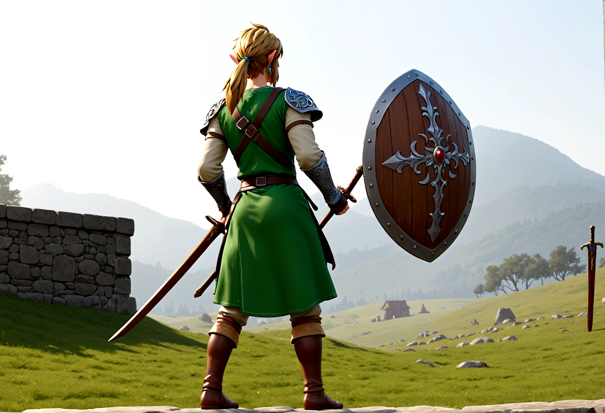 Orlando Bloom (2008, Link Costume, wooden sword, shield on back) heroic pose, monster in distance