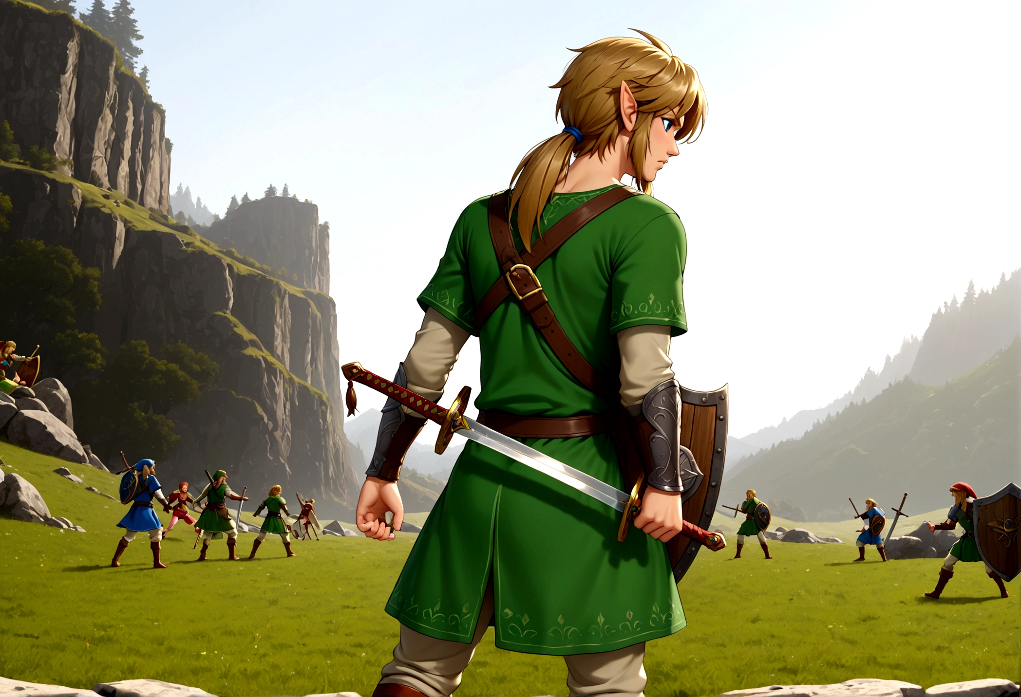 Orlando Bloom (2008, Link Costume, wooden sword, shield on back) heroic pose, monster in distance