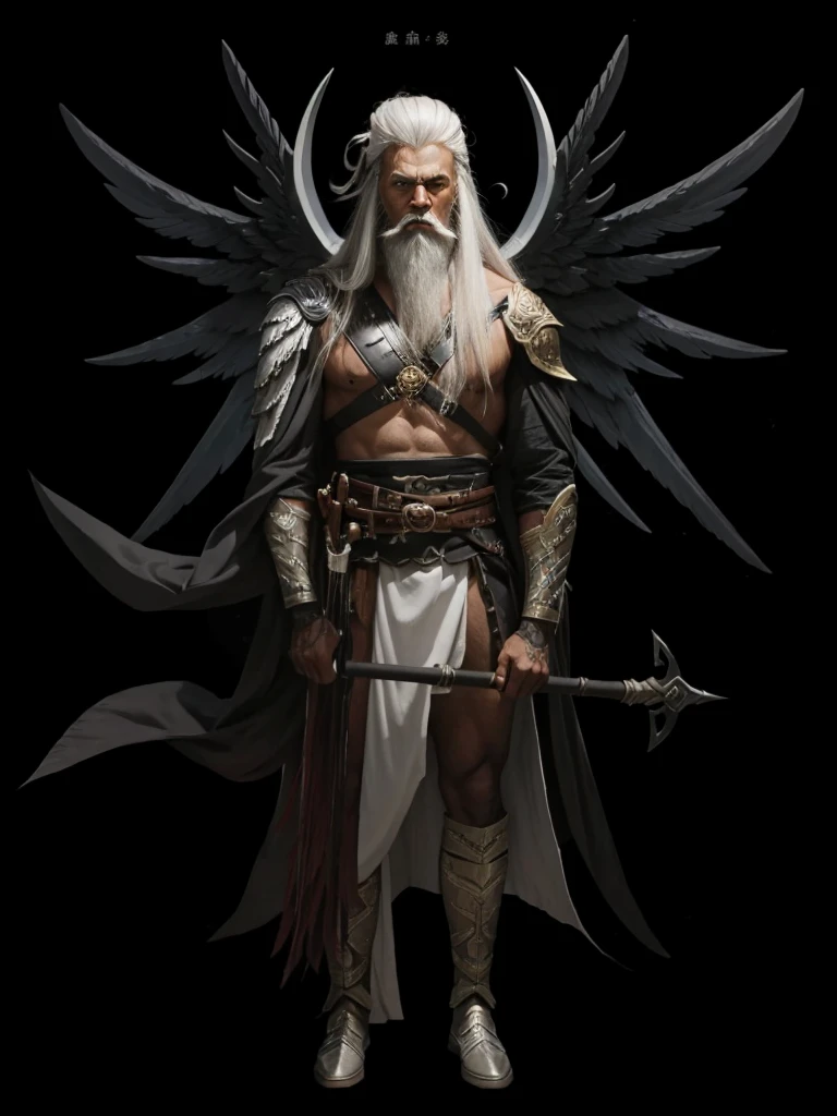 A very strong black gentleman, warrior with a staff in hand, with white long hair, with eyebrows and white beard, with black wing and warrior outfit set.