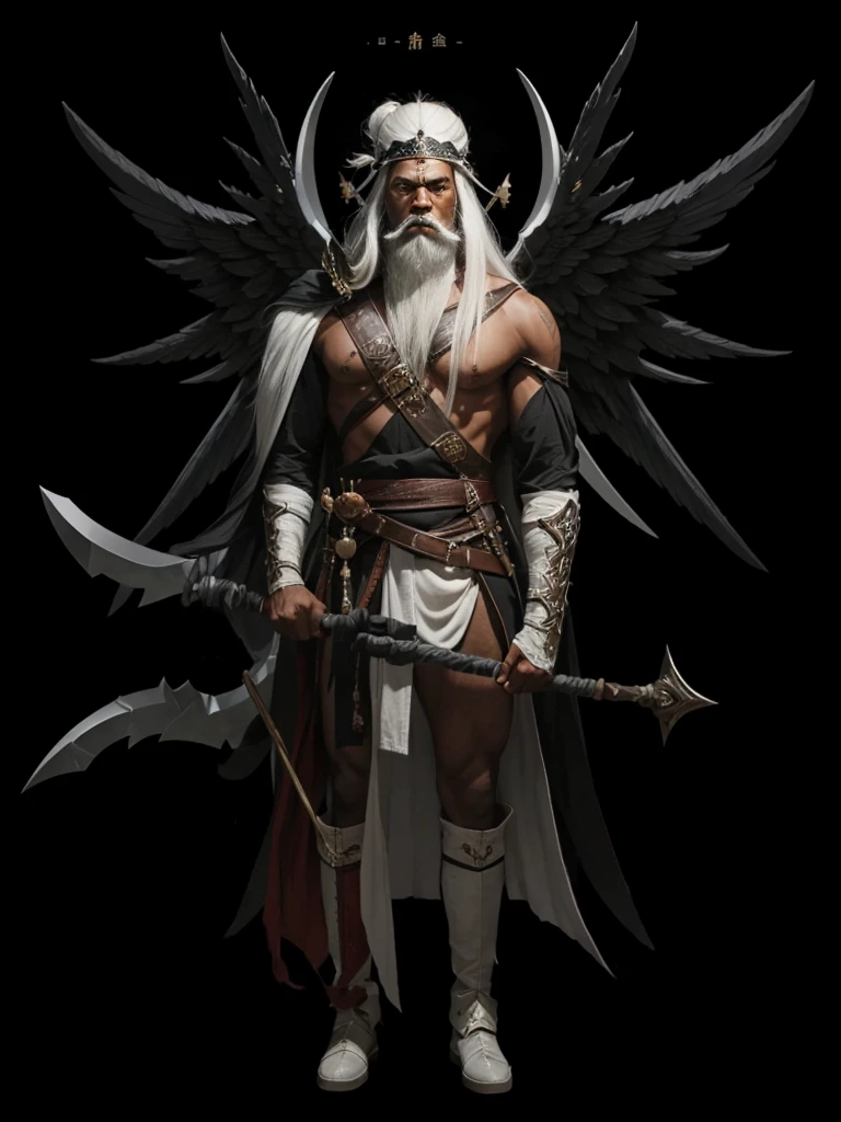 A very strong black gentleman, warrior with a staff in hand, with white long hair, with eyebrows and white beard, with black wing and warrior outfit set.