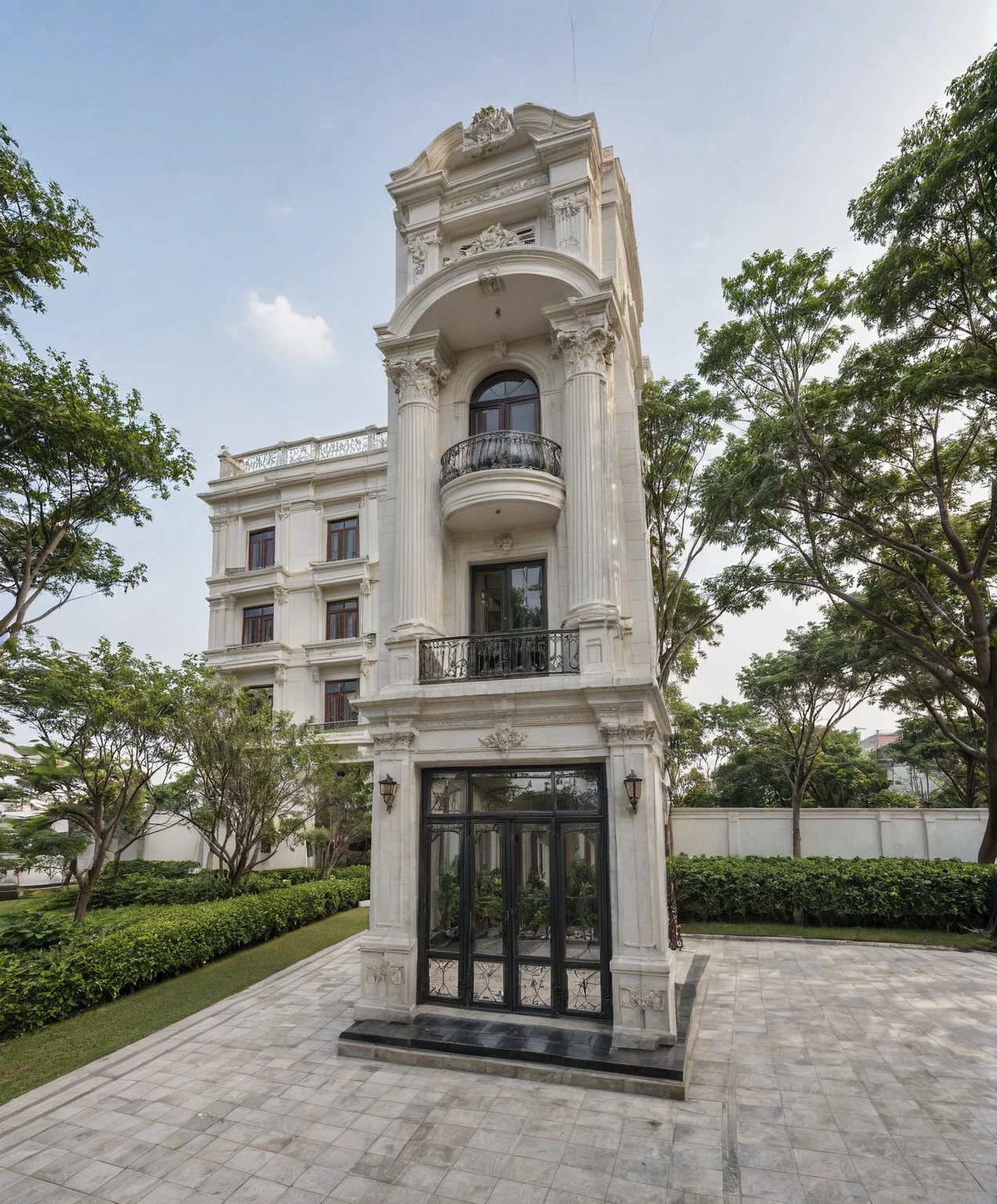 RAW photo,Exterior neo classic house, Inspired by French architecture, neo classic style, white, ((Highly detailed sculpted cornices at the tops of columns and walls)), French style roof, townhouse in residential area, The building is located in an urban area of Hanoi Vietnam, facing the road, (sidewalks), (sidewalk trees), (gate), (ultra realistic), (super high details:1.5), clean white sky, natural lighting, (curvilinear architecture:1.2), (sharpen:1.2), 8k uhd, dslr, soft lighting, high quality, film grain, Fujifilm XT3