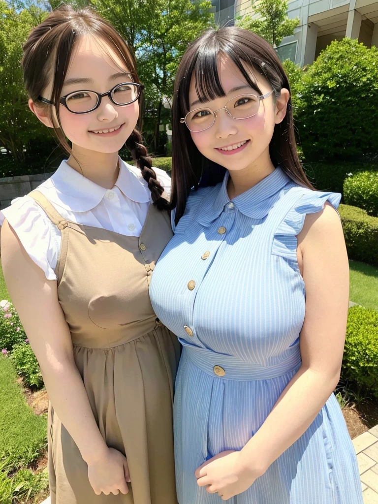 Highest quality、masterpiece、、Very detailed、Realistic、(Two Girls)、(Looking at me with a smile:1.5)、whole body、Small face、(Chubby:1.2)、(Big Breasts)、Glasses、One-piece dress with buttons and collar、Braid、Erect nipples