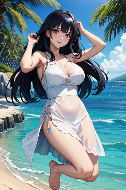 (Highest quality、masterpiece、High resolution、8K)、Vibrant colors、1 Female、Long black hair、Miho no Matsubara、Old age、Hagoromo Legend、whole body、barefoot、Beautiful woman in white lace dress jumps high、Official Art、The background is the sea、blue sky、Wide sandy beach、Large pine forest、