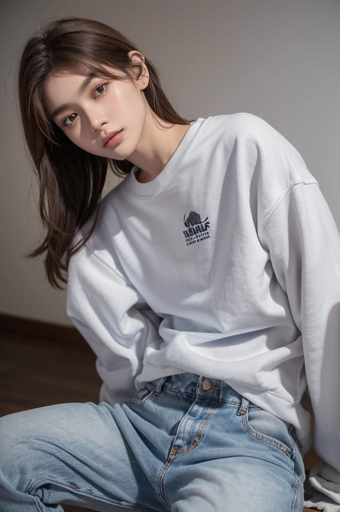 flame，Wolf Orc，16 years old，Left eye ice blue，Right eye light brown，Light brown hair，White ears，Ear tip light brown，Good physical development，Wearing white sweatshirt and black loose jeans，The body hair is mainly brown with gray as the base，White from chest to abdomen