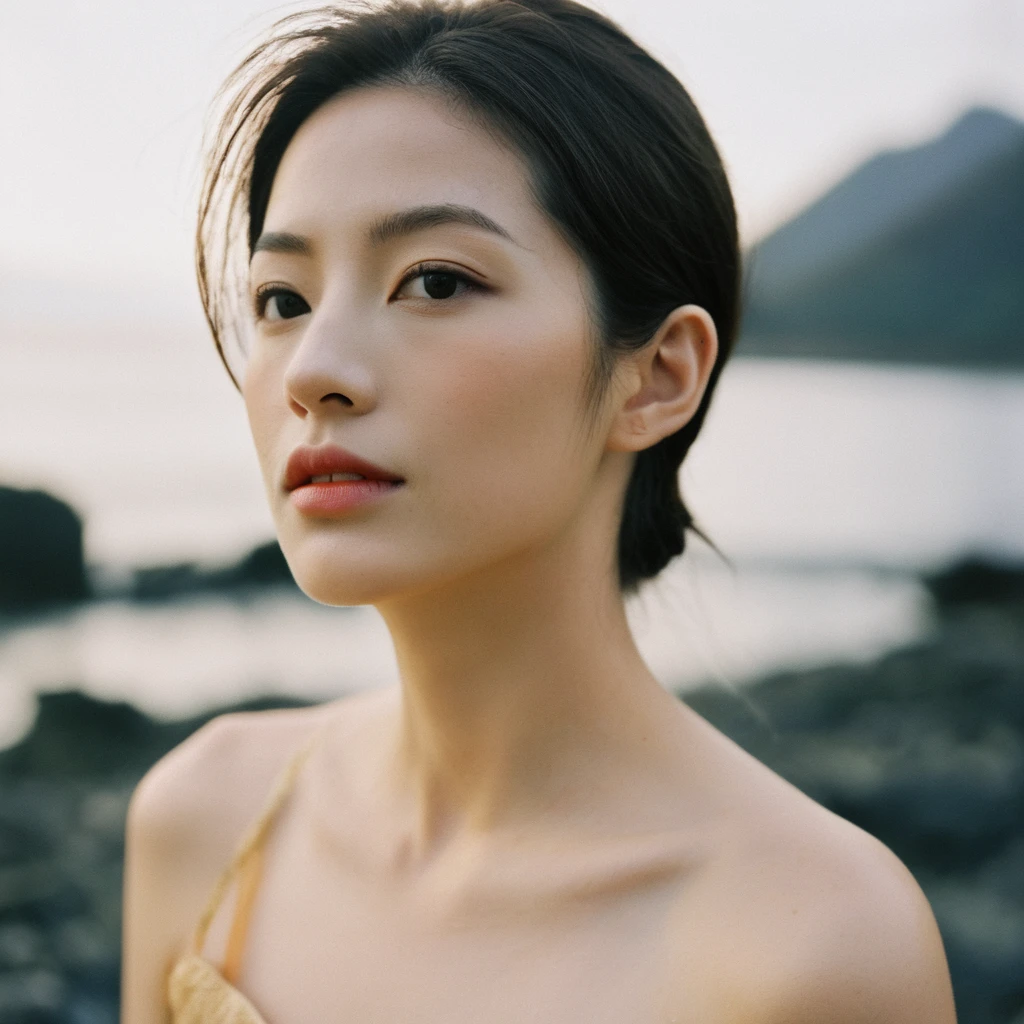 Close up portrait of a beautiful face Korean girls on ‘volcano’ still from the film, ((solo)), (Anne Hathaway look alike face: 0.9), in the style of foggy valley, confidence smile, fighting practice photography, rose gold and olive green, burne-jones, photorealistic urban scenes, luminosity of water, Leica SL3, Summicron-SL 75 f/2 ASPH, kodak gold 200 film, bare shoulder, bath towel, dynamic action pose,