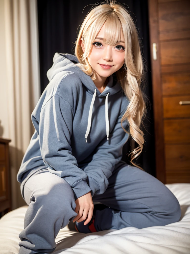 (Raw photo,realisitic, Photorealsitic: 1.4, masterpiece, best quality), 8K, 1 Beautiful Japanese gal, solo, 20years old, Charming Smile, Pretty Medium breasts, Beautiful detailed round eyes, Drooping Eyes1.4, Long blonde hair, wavy hair, (Highly Detailed Face and Skin Texture), dark skin, ndge, wearing a oversized gray hoodie, gray sweat pants, her room, day, sunny day, full body, random charming posing, (looking at viewer:1.4)