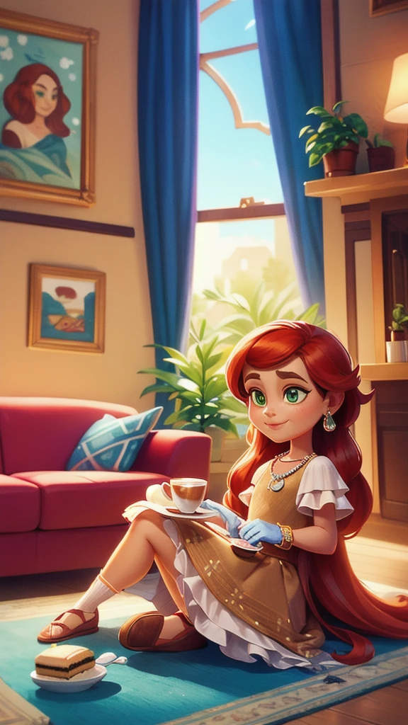 Concept Art,character illustration of a,European and American cartoons,(whole body:1.5),Mid-Long View,carpet,(Puppy lying on the floor),shoe,一个20岁的金发女生悠闲的sit在living room,Holding a cup of coffee,A laid-back expression,Relax,Leisure,European and American cartoons,1 Girl,freckle,Solitary,Jewelry,Green Eyes,Weaving,earrings,twin Weavings,necklace,Looking at the audience,Red hair,plant,Puff sleeves,bracelet,Smile,Long hair,puffy short sleeve,Necklace,dress,flower,Coffee cup,Gloves,earrings,Jewelry,肘部Gloves,cup,,sit,sofa,window,cake,小cake,sofa,living room,solo