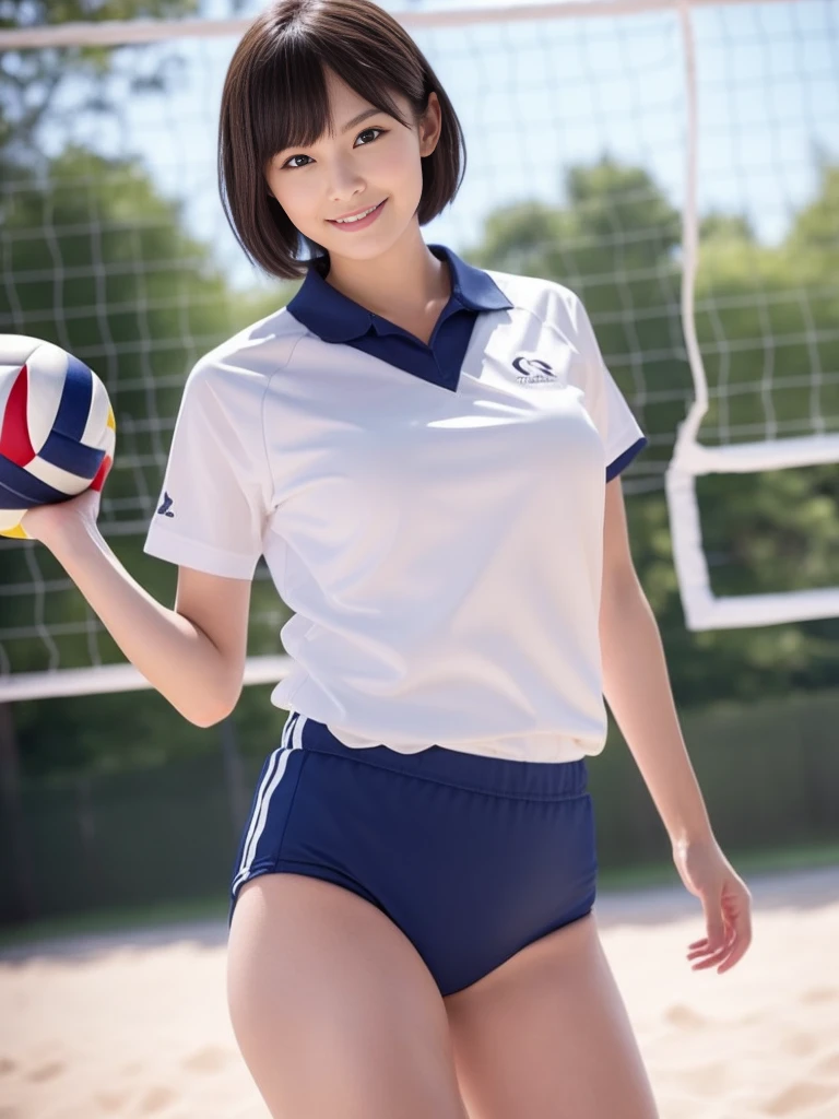 Glossy thighs、(8K、top-quality、masterpiece:1.2)、(realisitic、Photorealsitic:1.37)、ultra-detailliert、top-quality、超A high resolution、professionally lit、Photon mapping、Radio City、physically-based renderingt、Cinematic lighting、depth of fields,Focusing,Sun'rays,Good composition,,(((1 girl ))),Double eyes、(((white Volleyball uniform 、Dark blue high-leg low-rise bloomers)))、Gymnasium、A big smile、Gymnasium Court, (Tween model, 12 year oldg)), Ethereal beautiful, slim, very beautiful short hair,Colossal tits、 Toned abs, short cut hair、Soft light, ((David Hamilton Style)),