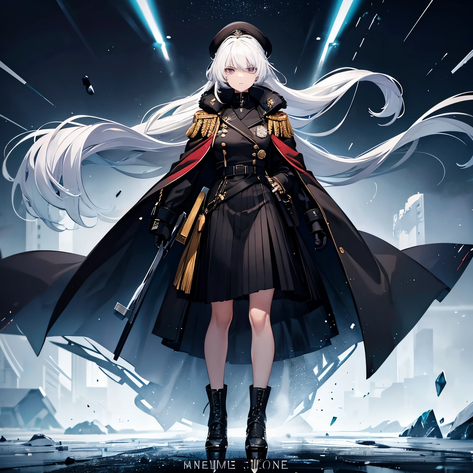 1 woman. General rank. Wearing a long military coat. Skirt. White hair. Black colored eyes. Ice skates. Disapproving. Looking down on you. Black Ice. Fluffy neck collar. Long hair.