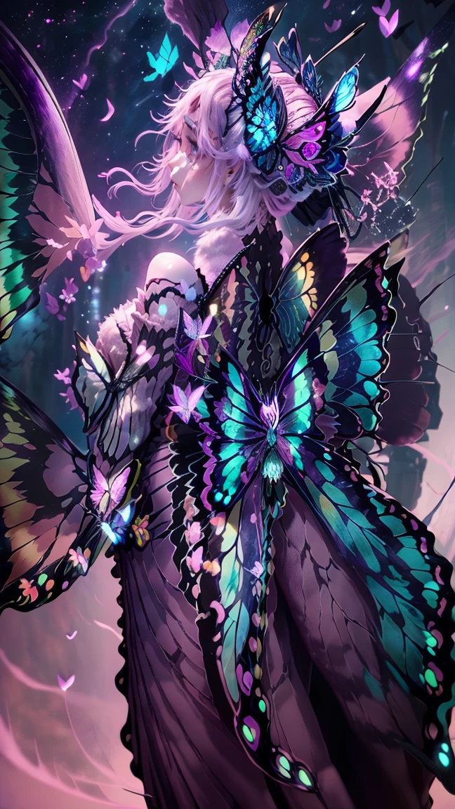 ((Highest quality、masterpiece、8K、Realistic、超High resolution:1.3、Very delicate and beautiful、High resolution))、Cinema Lighting、medium range shooting、Portraiture、Perfect female body、Opposition、Looking at the audience、((Long white hair、Luminous tattoo、Intricately patterned skin、powerful claws、Battle scars、Dark Armor))、Otherworldly background、(Beast-like teeth、Long Tail、Sparkling eyes:1.3)、Agile movement、Wicked Smile、Magical Charms、ancient magic book、Warrior Noble、Glowing Accessories、Decorative belt、Sturdy boots、Ready to fight、Mysterious Aura、unique ears、Unusual appearance、Otherworldly landscapes、Giant shadow、Powerful aura、Ancient treasures。((Butterfly wings on the back:1.8))、((Wrap yourself in a pale pink nebula:1.5))