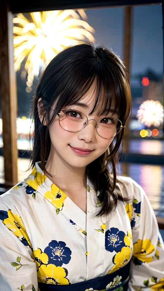 Japanese girl looking at the viewer, posing with a smile (highest quality, masterpiece))), (wear(Navy Yukata(White and yellow floral pattern)、High resolution, very detailed, masterpiece, cinematic lighting, (8K, highest quality, masterpiece: 1.2), (realistic, photorealistic: 1.37) high resolution, Super detailed, 1 girl, woman wearing glasses, thin frame round glasses, light colored glasses frames, ASİAN, cute, cute face, alone, short hair 1.2, rough skin, beautiful smile, beautiful detailed sky, Details cafe, night, movie lighting, Depth of the bounds written, lens flare light, On a date, (blush), (smile: 1 ),(closed your mouth), Beautiful eyes in every detail, (long hair: 1.2 floating hair nova frog style,Spectacular fireworks bursting into the night sky