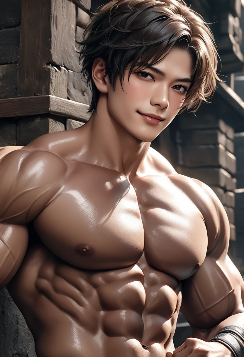 high quality, detailed, (22 years old japanese idol wrestler boy), (detailed black eyes), (black short hair), (muscle:1.5), (dark brown shiny skin:1.3), black tiny thong, bulge,(detailed nipples), yard, dungeon, (best quality,4k,8k,highres,masterpiece:1.2), smirk, face close up,(realistic,photorealistic,photo-realistic:1.37),