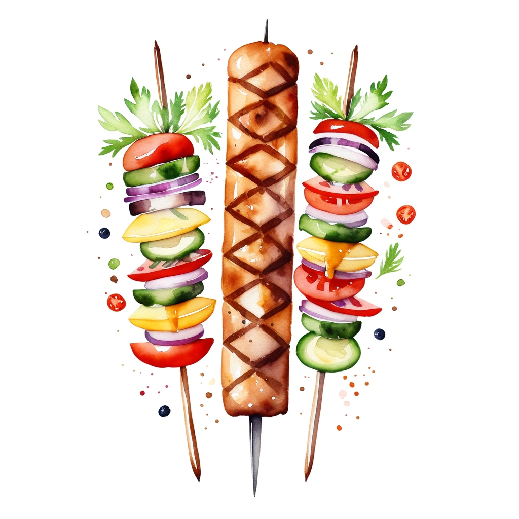 there is a huge extremely delicious kebab, (watercolor), illustration, isolated with solid white background, surrounded with negative space, centered compositon, 8k, highly detailed painting, very precise painting, Isolated, clear brilliant white background
