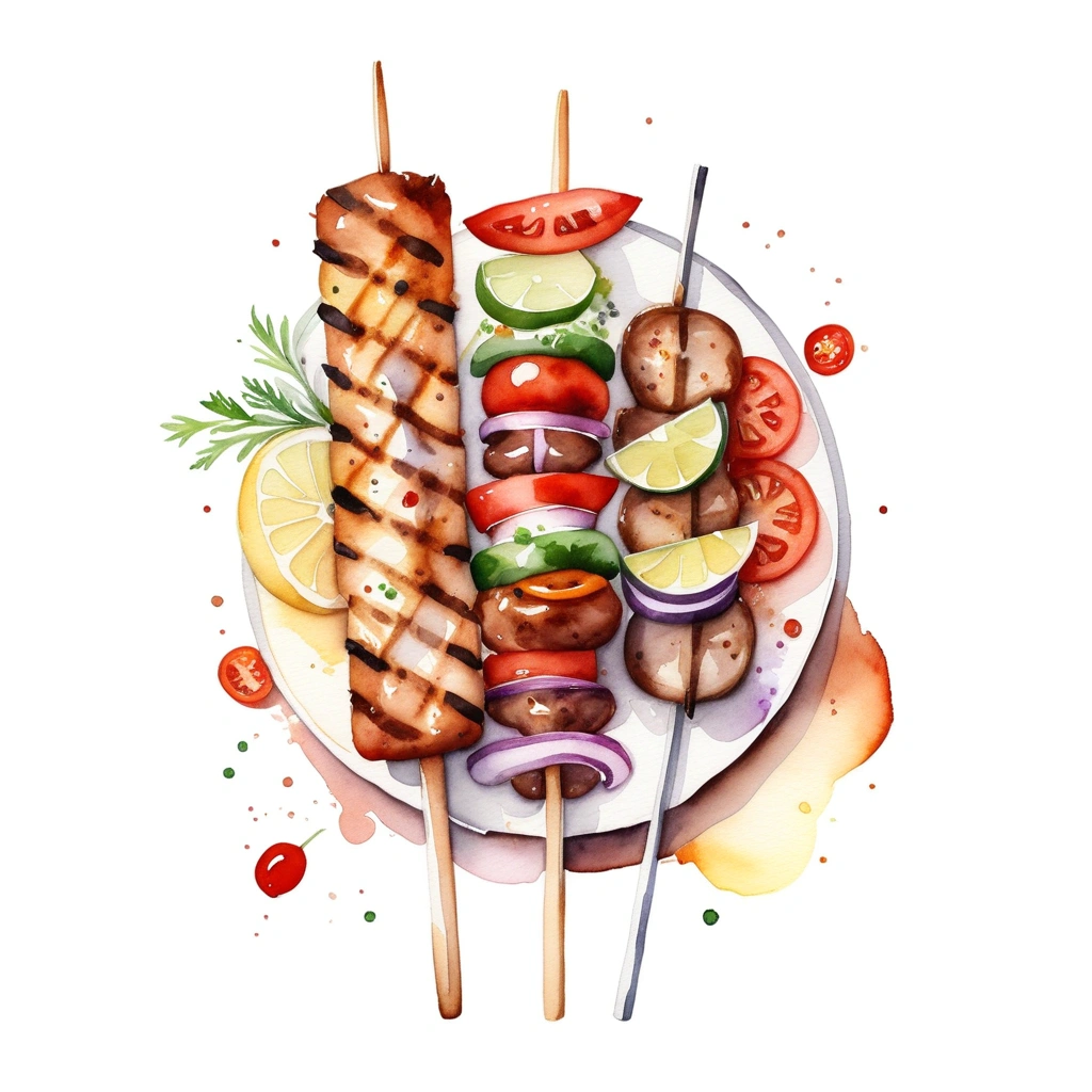 there is a huge extremely delicious kebab, (watercolor), illustration, isolated with solid white background, surrounded with negative space, centered compositon, 8k, highly detailed painting, very precise painting, Isolated, clear brilliant white background