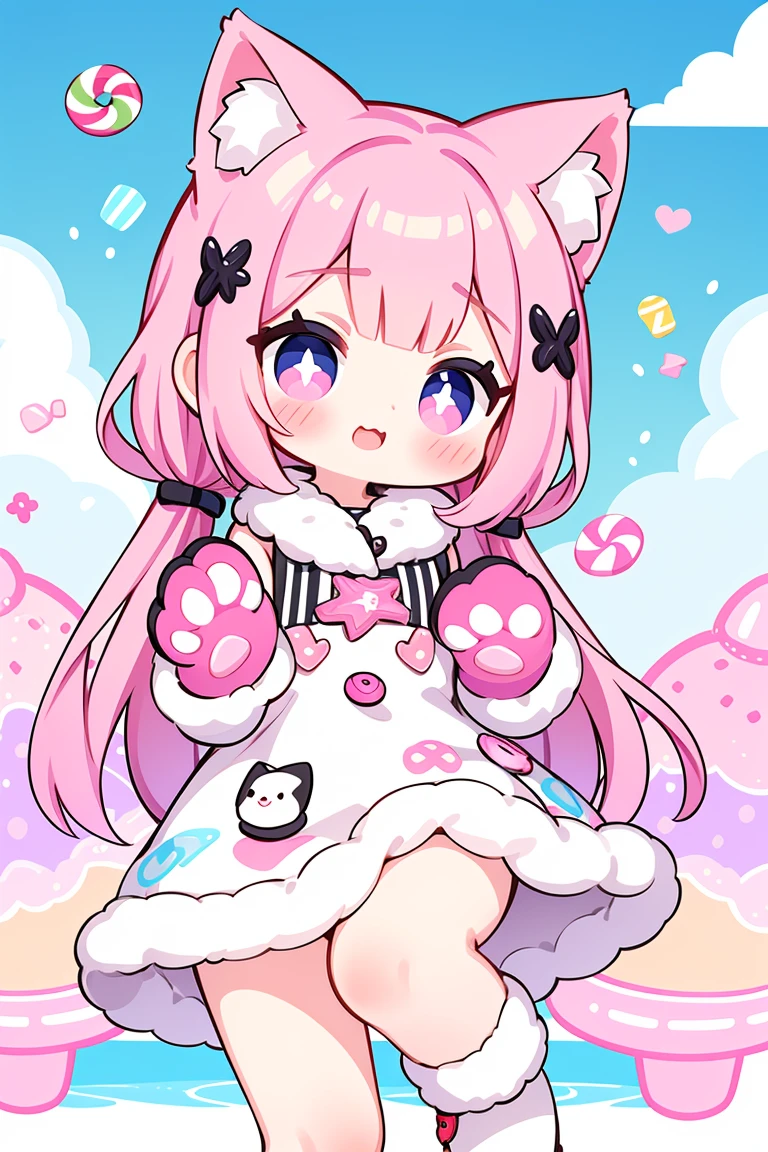 1girl, solo, sweet and cute character design, digital illustration in a pink candy-themed style, cat-eared girl with pastel pink fur, oversized candy-shaped hair clips, sparkling big eyes with a sugary glint, a button nose, playful and cheerful expression, cotton candy-colored hair with twists or curls, pastel pink and white striped outfit resembling a candy wrapper, lollipop-shaped accessories, paw-shaped mittens or gloves with candy details, knee-high socks with candy patterns, whimsical and sugary background with floating candies, gumdrops, and fluffy clouds, capturing the delightful and sugary essence of a cute cat-eared girl in a candy wonderland.