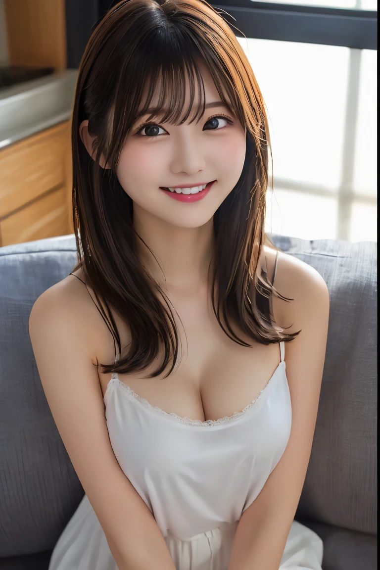 Highest quality, (beautiful)、Nipples are visible、Oversized camisole、Soft oist eyes、night、Sit on the sofa、Larger breasts、Upper Body、smile、Shoot from above、Hostess