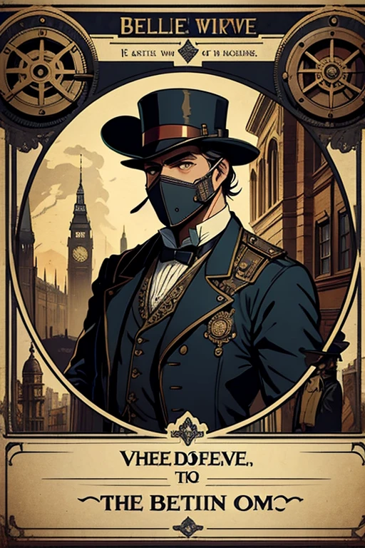 A Steampunk style poster from the Victorian era. Where is the phrase written in English "Believe in freedom, as we seek the truth!". With a man wearing a mask that covers his entire face.