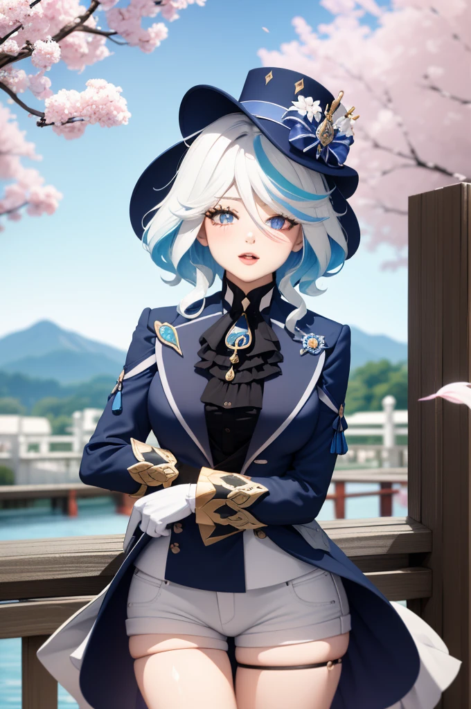 masterpiece, best quality, ultra-detailed, glistening shiny, glowing light, ray tracing, HDR, deph of field, (perfect face, detailed face, detailed eyes,perfect hands),(medium boobs:1.2),8k,HD,ultra realistic face,ray tracing,perfect lighting,best quality, ultra-detailed, shiny eyes, (looking at viewer,open mouth smile:1.1), ((1girl)), (mature female:1.4),cowboy shot,thighs,pov,
furina,long hair,((gradient hair)),multicolored eyes, gradient eyes, (glowing eyes:1.5), mascara, (fashion make up), parted lips,blush,shirt, gloves, long sleeves, hat,jewelry,jacket, white shirt, flower,shorts, black gloves,ascot, thigh strap, blue jacket, brooch, gem, blue headwear, blue flower, white shorts, hat flower, blue rose, tilted headwear, blue gemstone, blue ascot
((middle of japanese countryside,japanese bridge,over the bridge,river,cherry trees,cherry petals,dark blue sky,Koi on river)),(complex background, many elements in the background:1.2),((super detailed background)), mistress poses, ((8k wallpaper)),