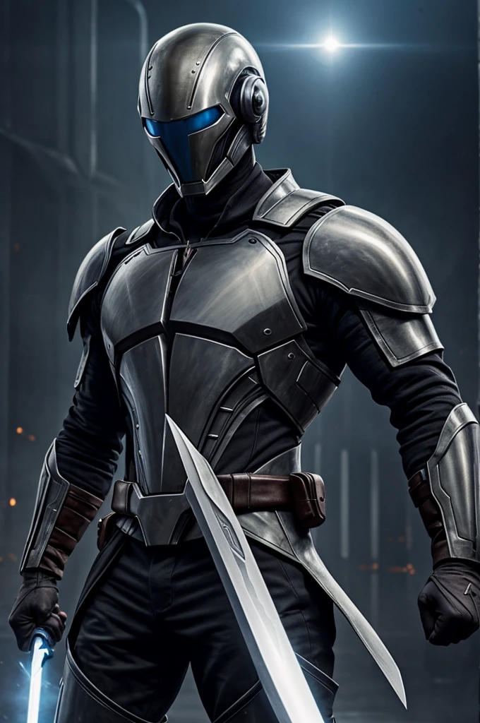 Draw an alien fighter in iron clothes with a human face and a sword