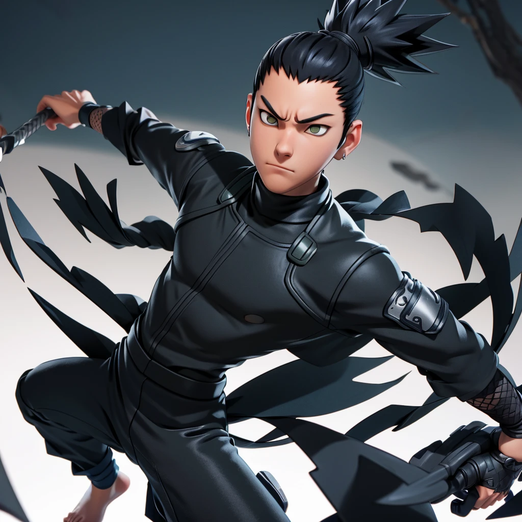 masterpiece, 1 boy, Exceptional style,Ninja Costumes, outdoor, Upper Body, Nara Shikamaru, Bright Eyes, Black Hair, Cool Boy，Making a boundary move，3d effect character，whole body，Figure Design，role conception，c4