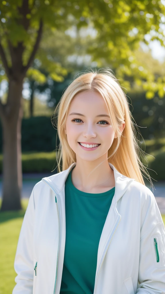 top-quality, masterpiece, (Photorealsitic:1.4), ultra-detailliert, Raw photo, girl with, A smile, blonde hair, long, Green shirt, White jacket, portlate, on the park, Blue Sky Background, Soft lighting, look at a camera