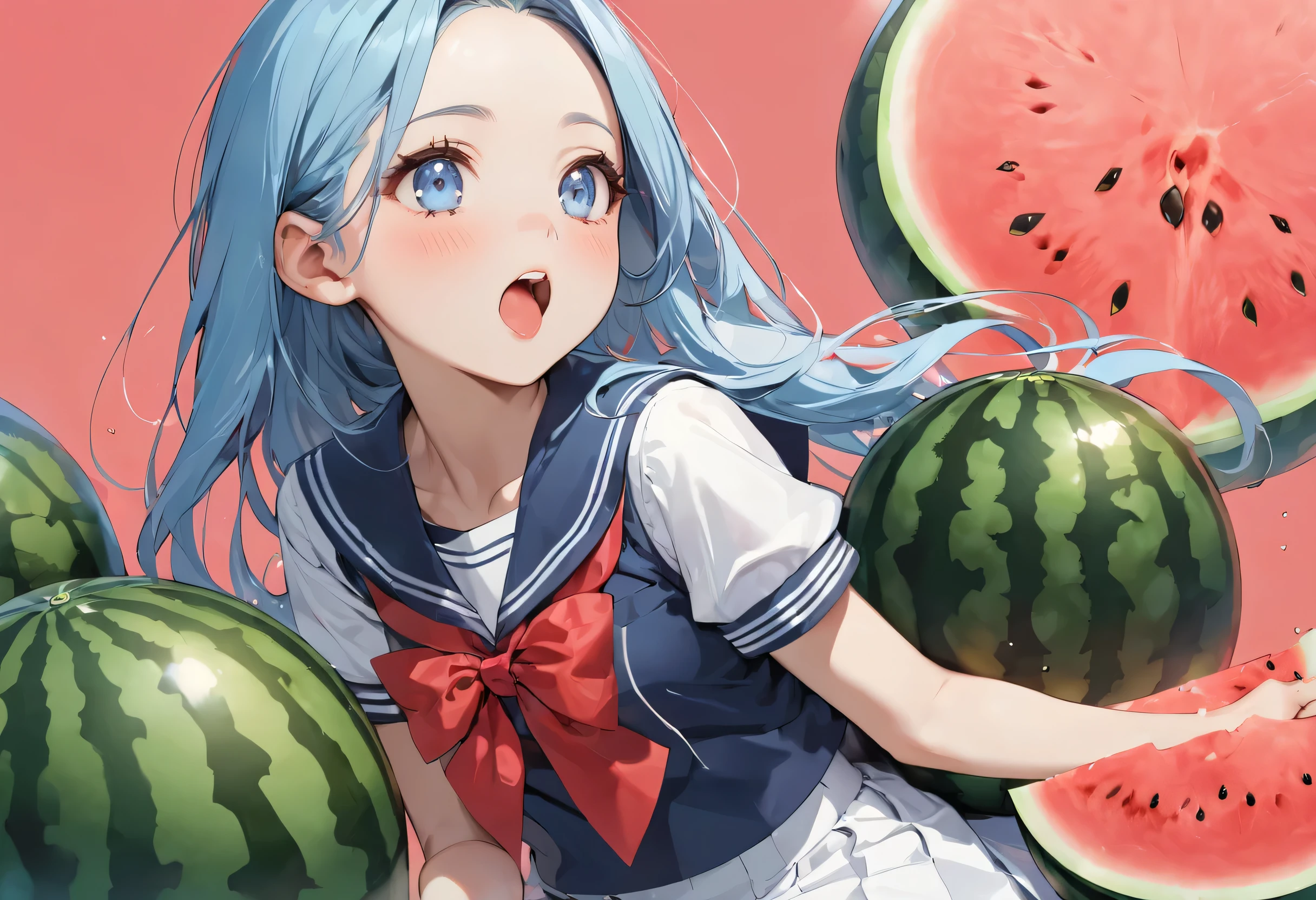 (Watermelon Smashing style), (eating watermelon), (solo:2, 15 yo, forehead:2 blue hair long hair lovely girl, lovely blue eyes, open cute mouth, glossy lip), (in a summer school sailor suit, skirt, red ribbon), hand holding a cut watermelon, break, in the watermelon festival, background biggest watermelon, BREAK, perfect anatomy, masterpiece, best quality, 16k, beautiful detailed grow, daydreaming expression.