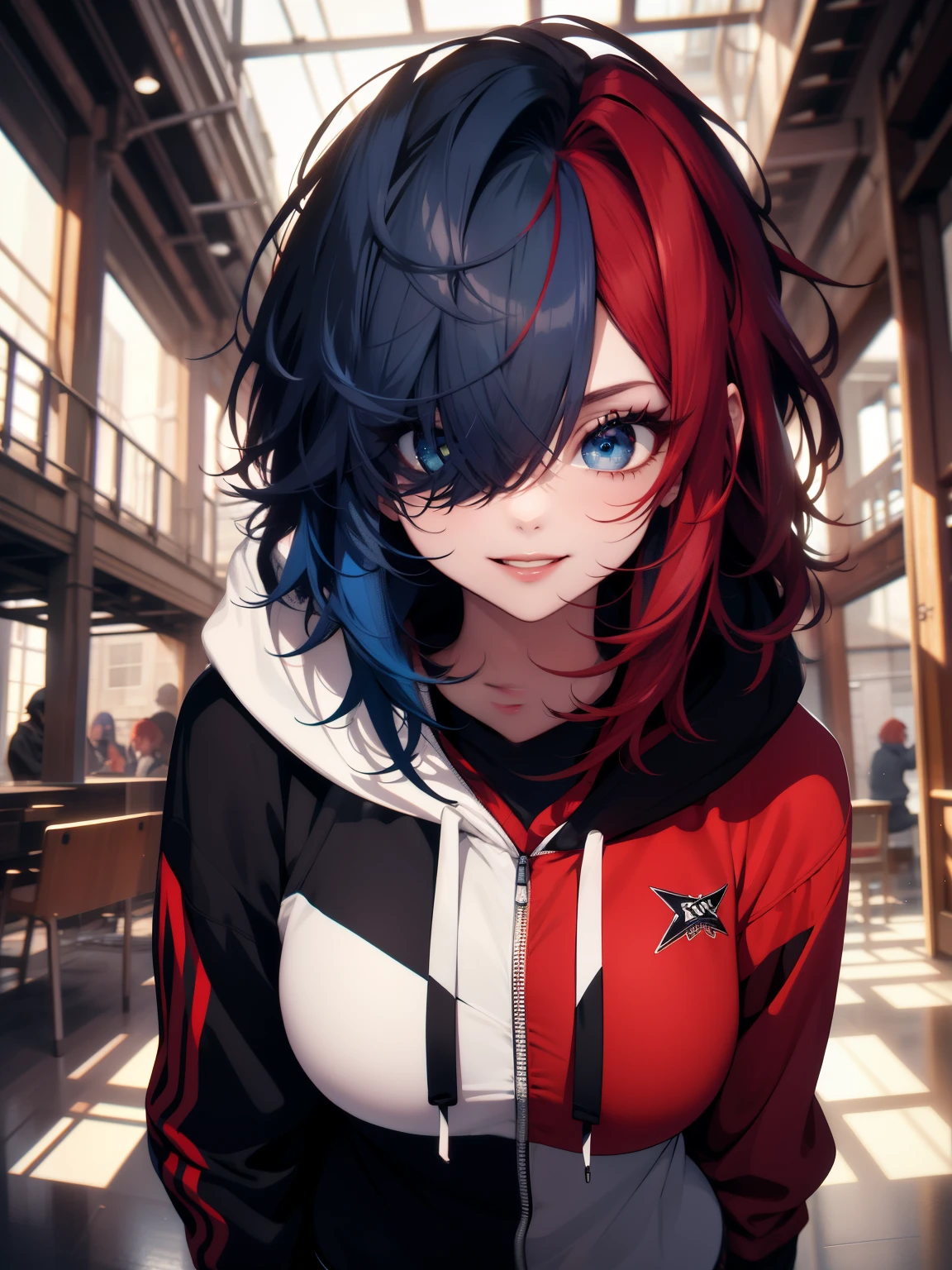 masterpiece, best quality, highly detailed,1girl,indoors, adult, split-color hair, red hair, blue hair, hair over eye, dynamic pose, clothes, smile, lipstick, bright blue eyes, hoodie