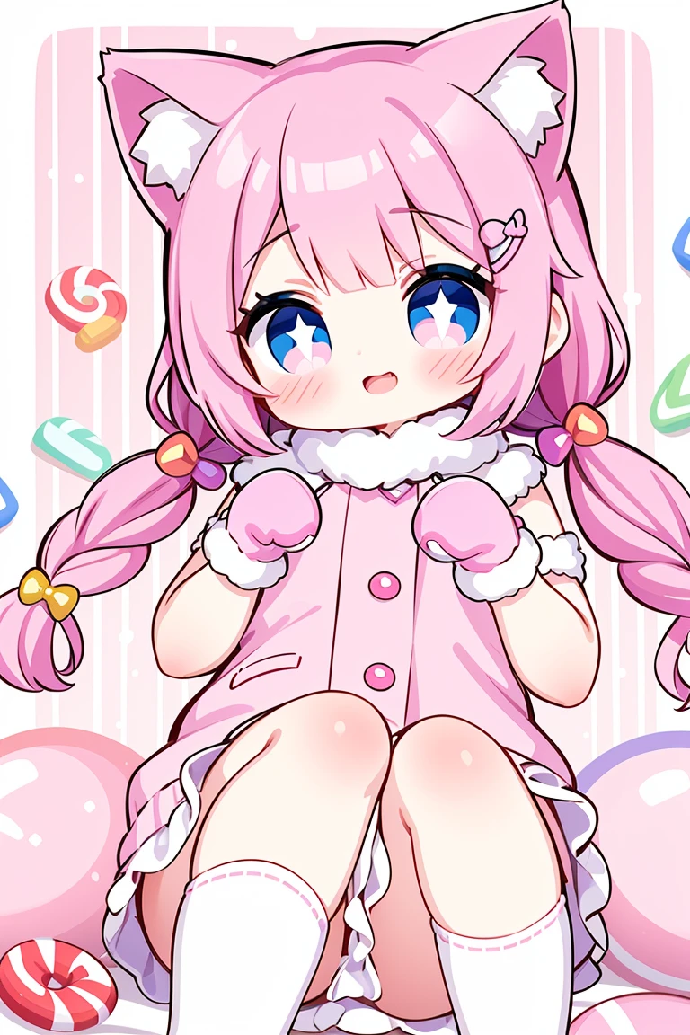 1girl, solo, sweet and cute character design, digital illustration in a pink candy-themed style, cat-eared girl with pastel pink fur, oversized candy-shaped hair clips, sparkling big eyes with a sugary glint, a button nose, playful and cheerful expression, cotton candy-colored hair with twists or curls, pastel pink and white striped outfit resembling a candy wrapper, lollipop-shaped accessories, paw-shaped mittens or gloves with candy details, knee-high socks with candy patterns, whimsical and sugary background with floating candies, gumdrops, and fluffy clouds, capturing the delightful and sugary essence of a cute cat-eared girl in a candy wonderland.