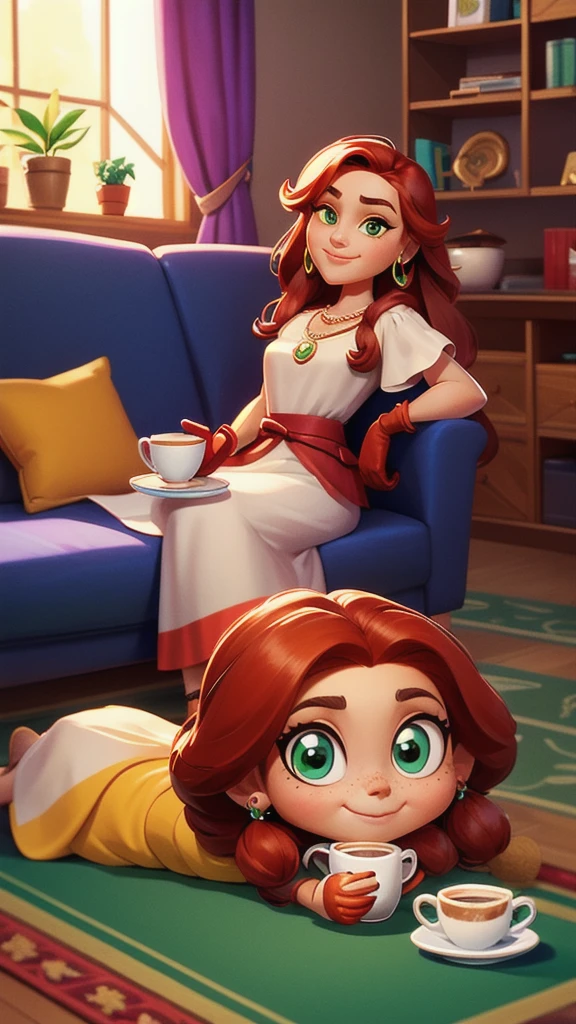 Concept Art,character illustration of a,European and American cartoons,（whole body：1.5），Mid-Long View，carpet，（Puppy lying on the floor），shoe，一个20岁的金发女生悠闲的sit在living room，Holding a cup of coffee，A laid-back expression，Relax，Leisure，European and American cartoons，1 Girl,freckle,Solitary,Jewelry,Green Eyes,Weaving,earrings,twin Weavings,necklace,Looking at the audience,Red hair,plant,Puff sleeves,bracelet,Smile,Long hair,puffy short sleeve,Necklace,dress，flower，Coffee cup，Gloves，earrings，Jewelry，肘部Gloves，cup，，sit，sofa，window，cake，小cake，sofa，living room，solo