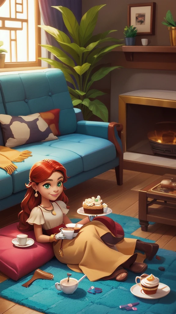 Concept Art,character illustration of a,European and American cartoons,（whole body：1.5），Mid-Long View，carpet，（Puppy lying on the floor），shoe，一个20岁的金发女生悠闲的sit在living room，Holding a cup of coffee，A laid-back expression，Relax，Leisure，European and American cartoons，1 Girl,freckle,Solitary,Jewelry,Green Eyes,Weaving,earrings,twin Weavings,necklace,Looking at the audience,Red hair,plant,Puff sleeves,bracelet,Smile,Long hair,puffy short sleeve,Necklace,dress，flower，Coffee cup，Gloves，earrings，Jewelry，肘部Gloves，cup，，sit，sofa，window，cake，小cake，sofa，living room，solo