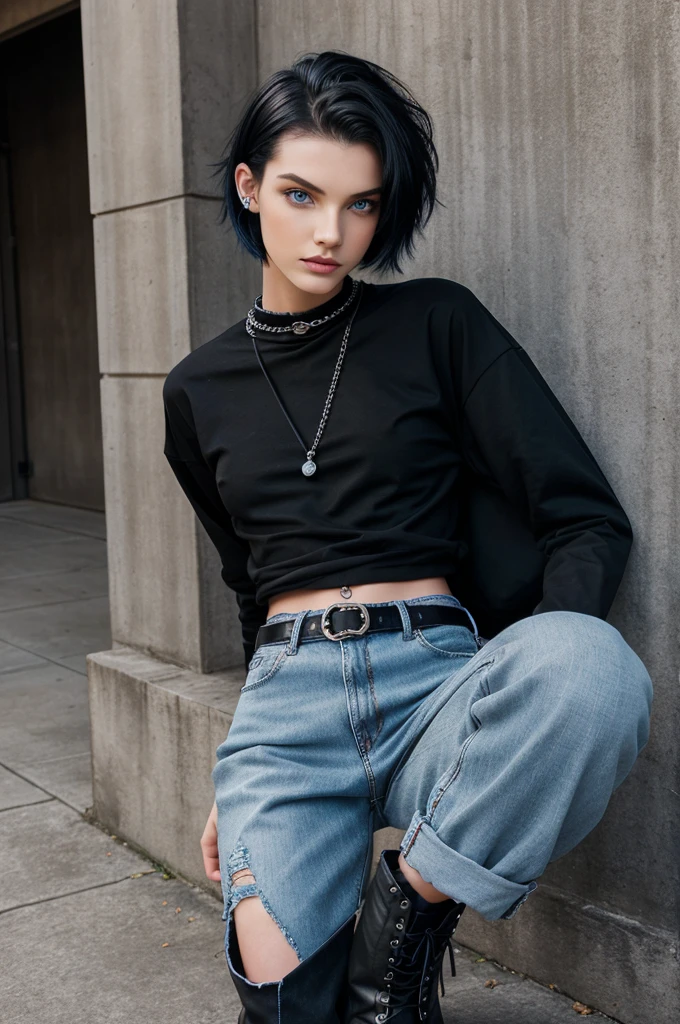 {Maxie T. Mary, 17 yrs old, 6'5ft tall, Attracted to women}

{Description: skinny, pale skin, nose tongue and lip piercings, black short fluffy hair, light blue eyes}

{Wearing: black platform boots, baggy black jeans, black Nirvana shirt, long sleeve fish net shirt underneath the first shirt, spiked collars, spiked belts, beed bracelets}