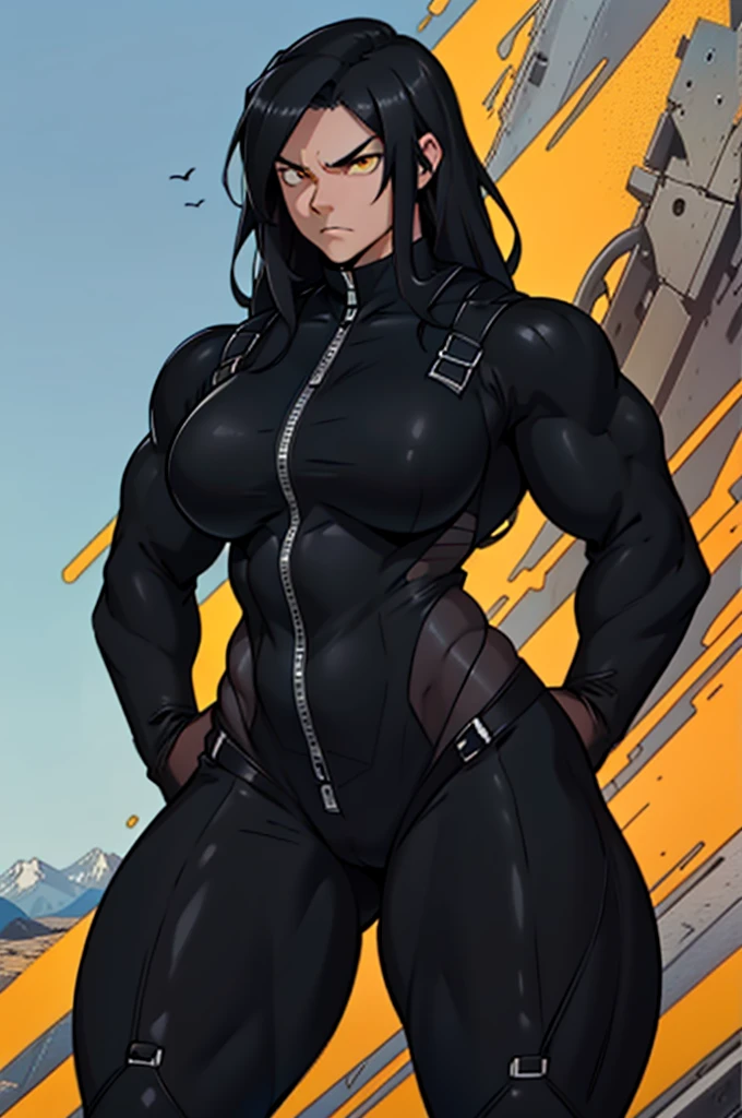 ((1 girl)), solo, black hair, extremely long hair, yellow eyes, (angry), pale skin, (((((((muscular))))))), ((thick thighs)), ((huge breasts)), ((((black body suit)))), (((wide hips))), mountain range background, (shiny skin)