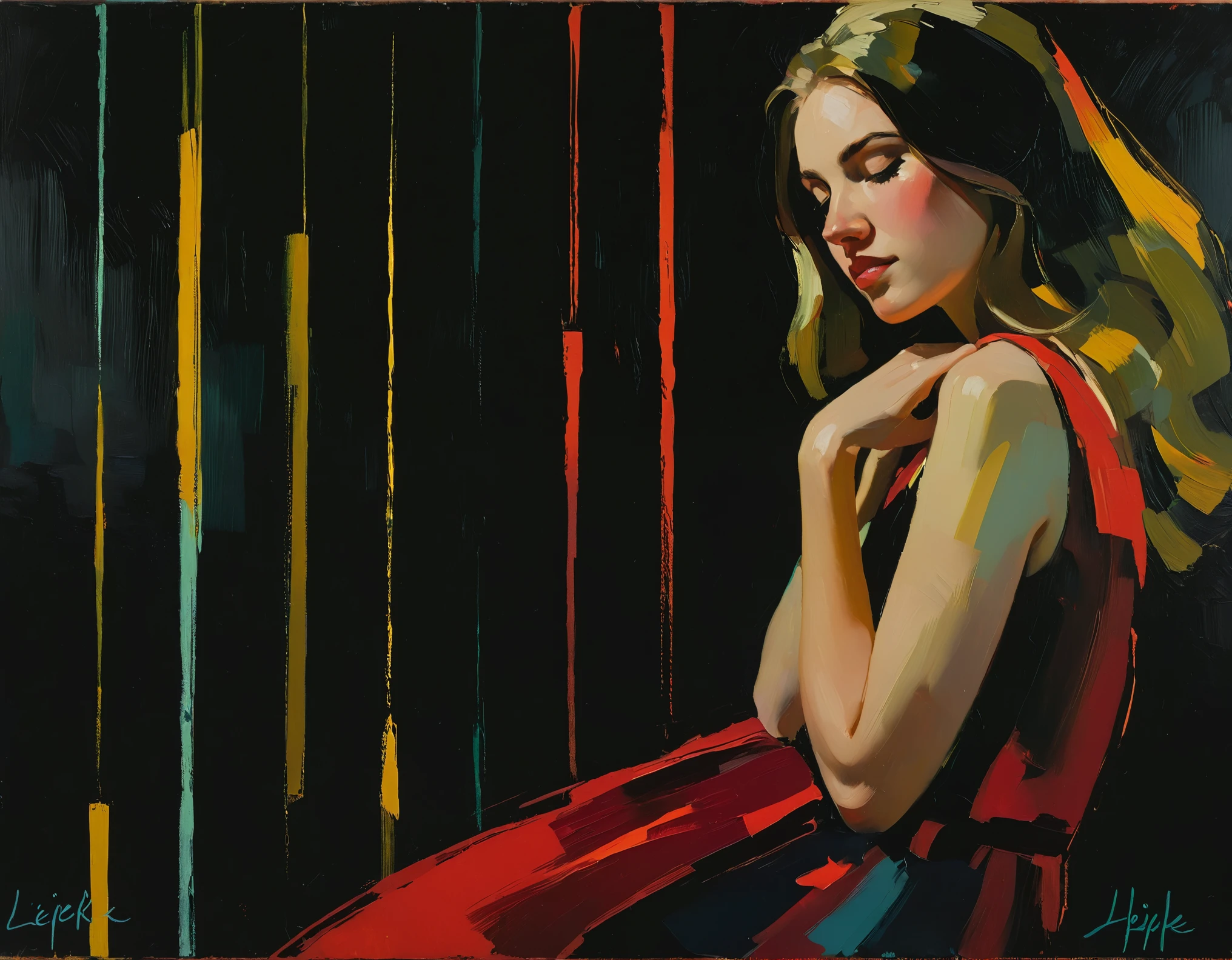 Create an evocative oil painting inspired by Malcolm Liepke, light smile Capture the intense, introspective expression of the young subject using thick, expressive brushstrokes and a muted color palette. Highlight the emotional depth and vulnerability in the subject's gaze, emphasizing the play of light and shadow on their face. Maintain a simple, textured background that complements the subject's contemplative presence. Focus on the tactile quality of the oil paint to convey the raw emotion and intimacy characteristic of Liepke's style. colorful