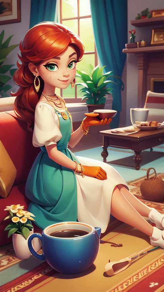 Concept Art,character illustration of a,European and American cartoons,(whole body:1.5),Mid-Long View,carpet,(Puppy lying on the floor),shoe,一个20岁的金发女生悠闲的sit在living room,Holding a cup of coffee,A laid-back expression,Relax,Leisure,European and American cartoons,1 Girl,freckle,Solitary,Jewelry,Green Eyes,Weaving,earrings,twin Weavings,necklace,Looking at the audience,Red hair,plant,Puff sleeves,bracelet,Smile,Long hair,puffy short sleeve,Necklace,dress,flower,Coffee cup,Gloves,earrings,Jewelry,肘部Gloves,cup,,sit,sofa,window,cake,小cake,sofa,living room,solo