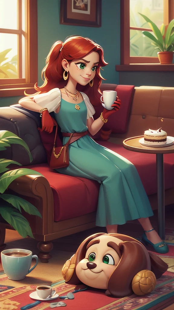 Concept Art,character illustration of a,European and American cartoons,(whole body:1.5),Mid-Long View,carpet,(Puppy lying on the floor),shoe,一个20岁的金发女生悠闲的sit在living room,Holding a cup of coffee,A laid-back expression,Relax,Leisure,European and American cartoons,1 Girl,freckle,Solitary,Jewelry,Green Eyes,Weaving,earrings,twin Weavings,necklace,Looking at the audience,Red hair,plant,Puff sleeves,bracelet,Smile,Long hair,puffy short sleeve,Necklace,dress,flower,Coffee cup,Gloves,earrings,Jewelry,肘部Gloves,cup,,sit,sofa,window,cake,小cake,sofa,living room,solo