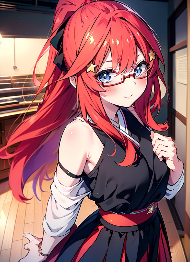 itsukinakano, itsuki nakano, bangs, blue eyes, Hair between the eyes, Ahoge, Redhead, star \(symbol\), hair ornaments, star hair ornaments,smile,blush,Open your mouth,ponytail,Red-rimmed glasses,Cold Shoulder Shirt,Long skirt,Black pantyhose,Stiletto heels,Walking,whole bodyがイラストに入るように,
break indoors, School,廊下
break looking at viewer, whole body,
break (masterpiece:1.2), Highest quality, High resolution, unity 8k wallpaper, (figure:0.8), (Beautiful attention to detail:1.6), Highly detailed face, Perfect lighting, Highly detailed CG, (Perfect hands, Perfect Anatomy),