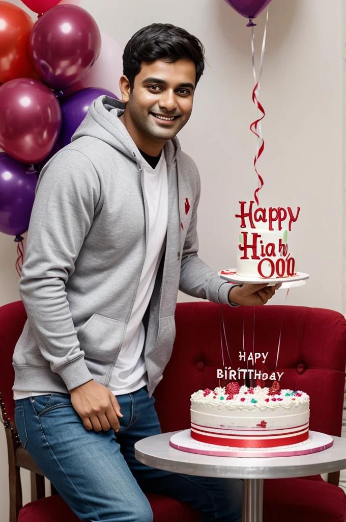 Create a realistic a profile picture where a 20 year old Boy is cutting his birthday cake facing forward in smiling face, purple hoodie, Sitting casually on a Wingback Chair There are giftsIying on the ground along both sides of the chair. and the cake is lying in front of table, my username "RAHUL" written on the cake with Red Color, in my background HAPPY BIRTHDAY RAHUL written with Red Colors, with balloons in different colors attached on the white wall,