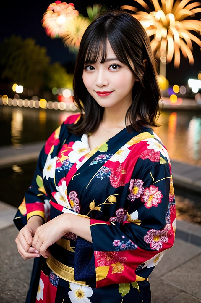 firework Display,8K,Professional Lighting ,Near and far in the air ,Ultra-high resolution ,(Like the picture: 1.1) ,Detailed face ,pretty girl ,Patterned yukata ,smile ,firework ,Pause ,(Breast bulge: 1.1) ,Soft Light ,Big River ,Bobcut ,