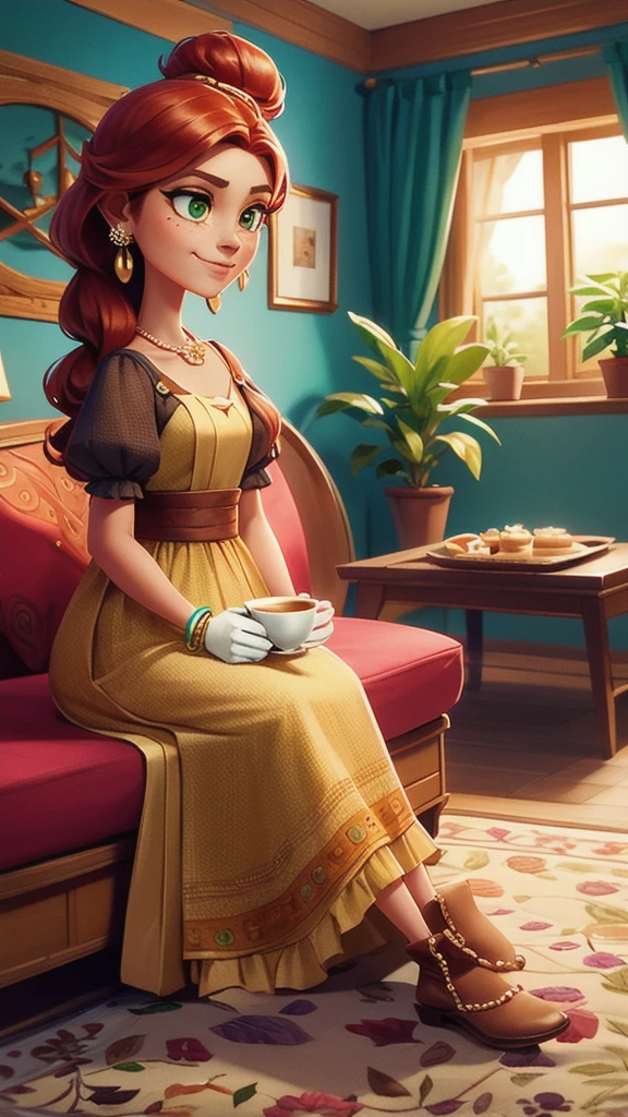 Concept Art,character illustration of a,European and American cartoons,(whole body:1.5),Mid-Long View,carpet,(Puppy lying on the floor),shoe,一个20岁的金发女生悠闲的sit在living room,Holding a cup of coffee,A laid-back expression,Relax,Leisure,European and American cartoons,1 Girl,freckle,Solitary,Jewelry,Green Eyes,Weaving,earrings,twin Weavings,necklace,Looking at the audience,Red hair,plant,Puff sleeves,bracelet,Smile,Long hair,puffy short sleeve,Necklace,dress,flower,Coffee cup,Gloves,earrings,Jewelry,肘部Gloves,cup,,sit,sofa,window,cake,小cake,sofa,living room,solo