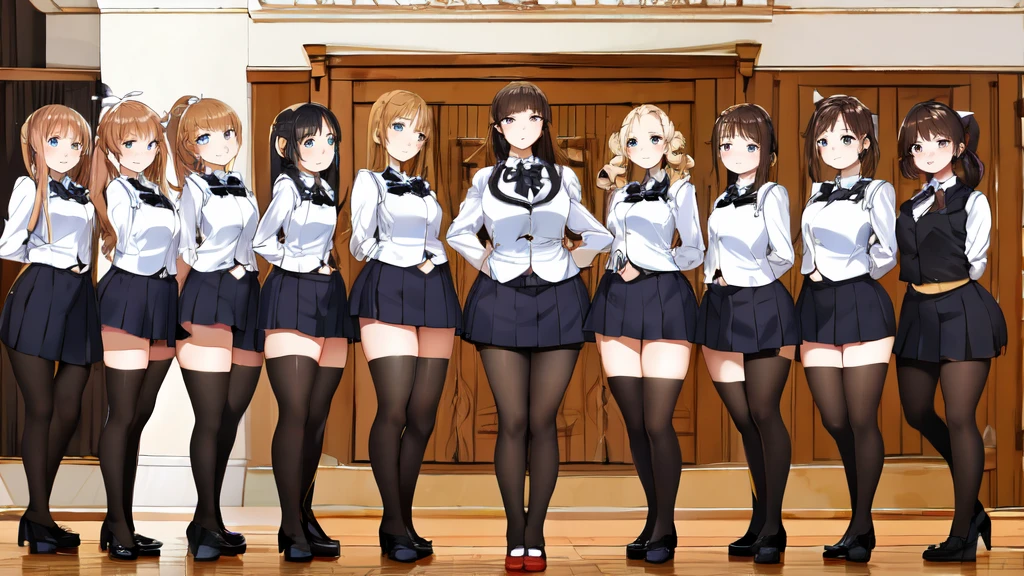 masterpiece, Highest quality, High resolution, 10+girl, crowd, Identical twin sisters, clone, An orderly line of sisters, An orderly line of sisters, Sisters in a row, uniform, Matching outfits, Long Hair, Curly Hair, ponytail, Matching hairstyle, Hazel Eyes, Brown Hair, Black tie, Blue Ribbon, Brown Skirt, salute, smile, indoor, Group shot, whole body, Panty shot, Black high heels