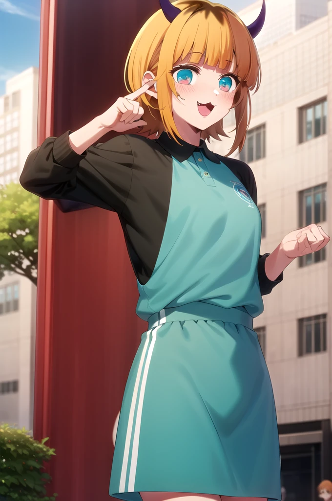 Highest quality, masterpiece, detailed, memcho, Open your mouth, A slight blush, :3, smile, short hair, Blonde, Multicolored Hair, Aqua Eye, Blunt bangs, horn,
cheerleader
.Are standing, Looking at the audience, (Day:1.2), garden, Outdoor