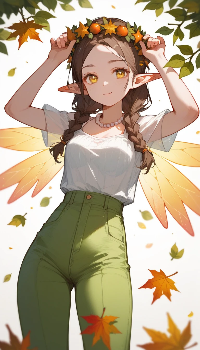 (Fraction_9,Fraction_8_Direction_7_up),(1 woman),Elf,Yellow eyes,Brown hair,Braids,Elf transparent wings,Knickers,Green pants,Pointed ears,Pearl jewelry on neck,White top,Colorful wreath on head,The skirt is made of leaves,